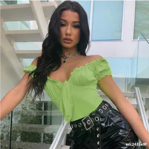 Women off shoulder short sleeve tie front bodysuit in vibrant green, sexy slim fit apparel.