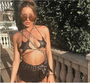 Women sexy star shaped strappy bra gothic punk leather crop top festival rave clubwear