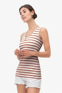Detail view of a stylish red and white striped sleeveless tank top worn with shorts.