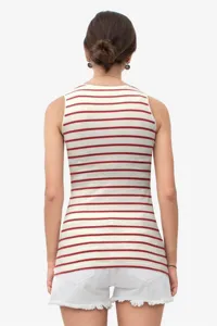 Back view detail of women's red and white striped sleeveless tank top with white shorts.