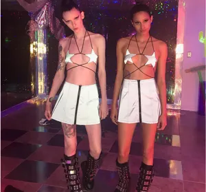 Reflective star lace-up sexy lingerie set for women, fashionable clubwear outfit.