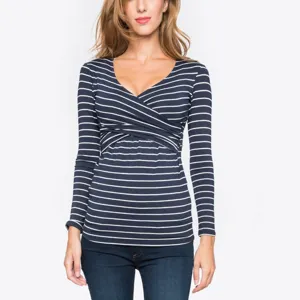 V-neck long sleeve striped maternity nursing t-shirt, comfortable postpartum top for women.