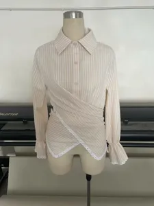 Women Long Sleeve Striped Blouse Casual Lapel Cross Wrap Waist Shirt Fashion Office Top