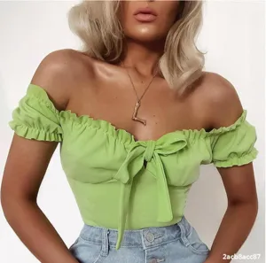 Women off shoulder green romper short sleeve bow front bodysuit sexy slim fit summer outfit