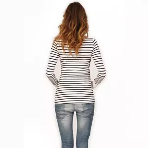 Back view of a comfortable black and white striped long sleeve maternity nursing t-shirt.