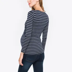 Back detail view of a navy blue and white striped long sleeve maternity top V-neck casual tee.