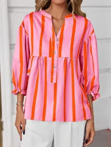 Women's pink and orange vertical striped blouse with chic puff sleeves and V-neck design.