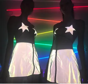 Sexy reflective pentagram strappy bra and front zip mini skirt set for women clubwear