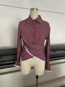 Striped wrap long sleeve shirt for women with lace trim, chic crossover waist blouse top.