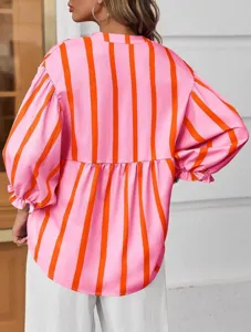 Pink and orange striped blouse featuring long bubble sleeves and loose fit for casual daily wear.