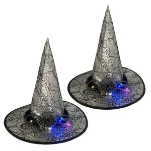 Silver sequin witch hat with spider web pattern and glowing LED lights for Halloween party.