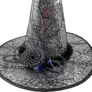 Sequined spider web witch hat with LED lights and flower decor for Halloween party and cosplay.