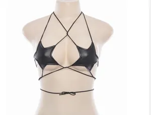 Sexy black faux leather star cutout halter bra harness strap erotic lingerie for women
