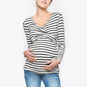 Black and white striped maternity nursing long sleeve V-neck top product detail view.