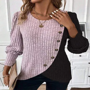 Women Long Sleeve Rib Knit T-Shirt Casual Crew Neck Color Block Asymmetrical Button Top