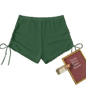Solid color high-waist mesh swim shorts for women with side drawstrings, stylish bikini bottom.