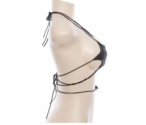 Black pentagram strappy erotic bra for women, sexy minimalist design detail view.
