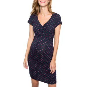Crossover polka dot maternity nursing dress with short sleeves, elegant pregnancy daily wear.