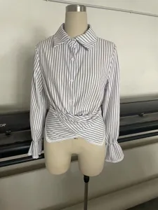 Women's European style striped crossover waist long sleeve shirt fashion casual top wear