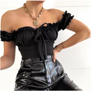 Solid color off-the-shoulder short sleeve crop top with ruffle and front tie for women.