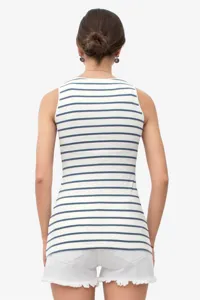 Detailed back view of a blue and white striped sleeveless tank top for summer casual wear.