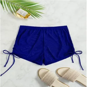 Blue mesh drawstring beach shorts detail, sheer high waist bikini cover up swim bottom.