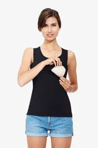 Detail view of a comfortable black nursing tank top featuring convenient drop-down cups.