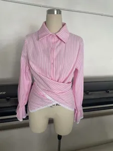 Women pink striped crossover long sleeve blouse casual chic V-neck lace trim shirt top chic