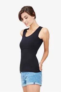 Women's black sleeveless nursing tank top, comfortable solid casual summer wear essential.