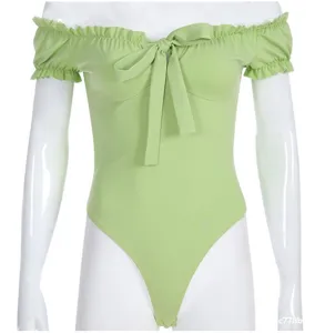 Solid color off-shoulder short sleeve sexy slim bodysuit for women, fashionable detail view.