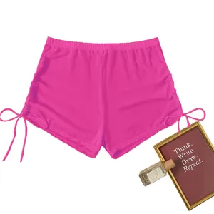 Women mesh high waist swim shorts hot pink beach board shorts side drawstring bikini bottoms