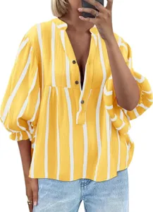 Women casual striped blouse yellow long balloon sleeve V-neck button down loose summer shirt detail
