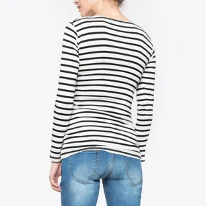 Black and white striped long sleeve maternity top detail showcasing soft breathable fabric.
