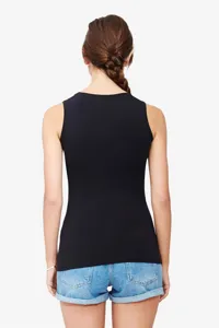 Women basic black sleeveless tank top detail view, casual slim fit summer apparel view.