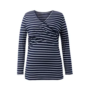Navy blue white striped long sleeve maternity V-neck breastfeeding top for pregnant women.
