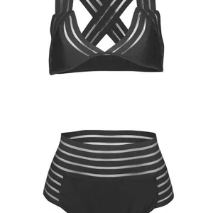 Women's two-piece high-waist mesh striped bikini swimwear, front view product display.