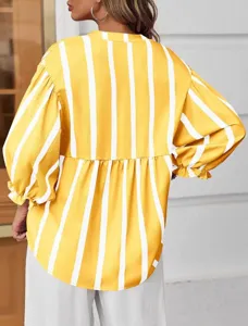 Detail view of a yellow and white striped loose blouse featuring stylish puff sleeves for women.