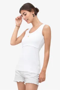 Detailed view of women white sleeveless nursing tank top casual summer vest comfortable basic wear.