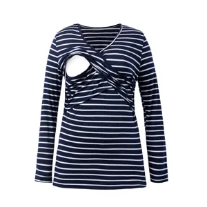 Long sleeve striped maternity nursing top with cross V-neck design for pregnant women daily wear.