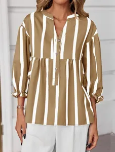 Chic striped V-neck blouse with bubble sleeves and buttons, casual loose fit for daily wear.