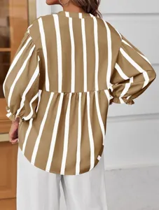 Women casual striped blouse loose puff sleeve shirt chic khaki top for summer wear