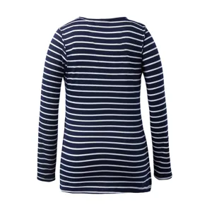 Back view detail of navy blue and white striped long sleeve cotton maternity top tee shirt.