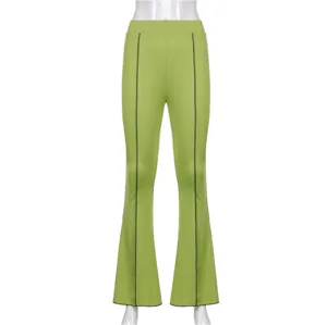 Green casual micro flare pants for women, solid color stretch trousers with front seam details.