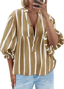 Casual striped long sleeve blouse for women, featuring a V-neck and trendy puff sleeves.