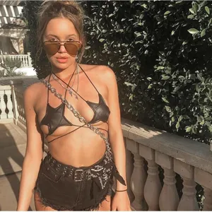 Women Sexy Pentagram Strappy Bra PU Leather Lingerie Hollow Out Backless Crop Top Nightclub Party Wear For Lady