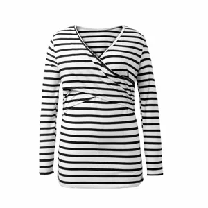 Close-up detail of the black and white striped long sleeve V-neck maternity nursing top.