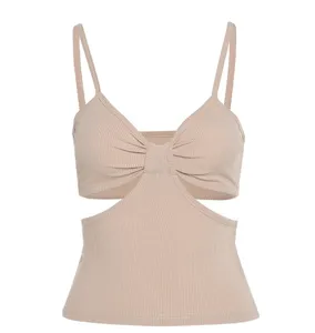 Ribbed knit crop top with double straps, sexy cut-out waist and gathered bust detail.