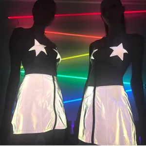Reflective star halter top and front zip mini skirt set for women club party wear!!
