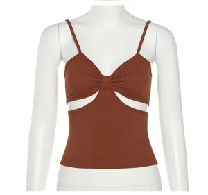 Brown ribbed crop top featuring side cutouts and gathered front design for women's summer.