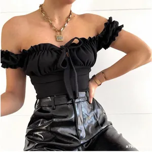 Women off shoulder solid color short sleeve ruffle crop top sexy slim fit black blouse